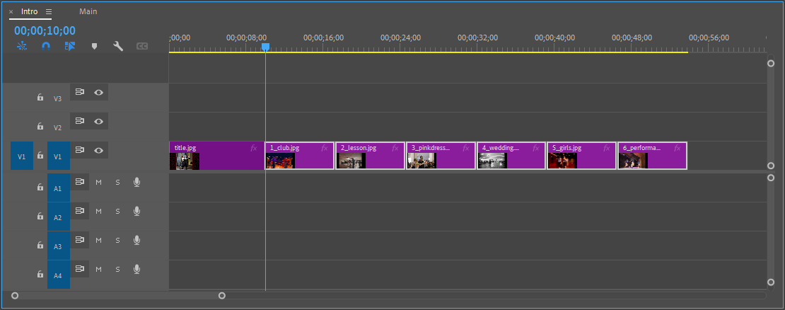 Timeline showing the still image clips on track V1 after the duration of the numbered clips were adjusted in step 2. 