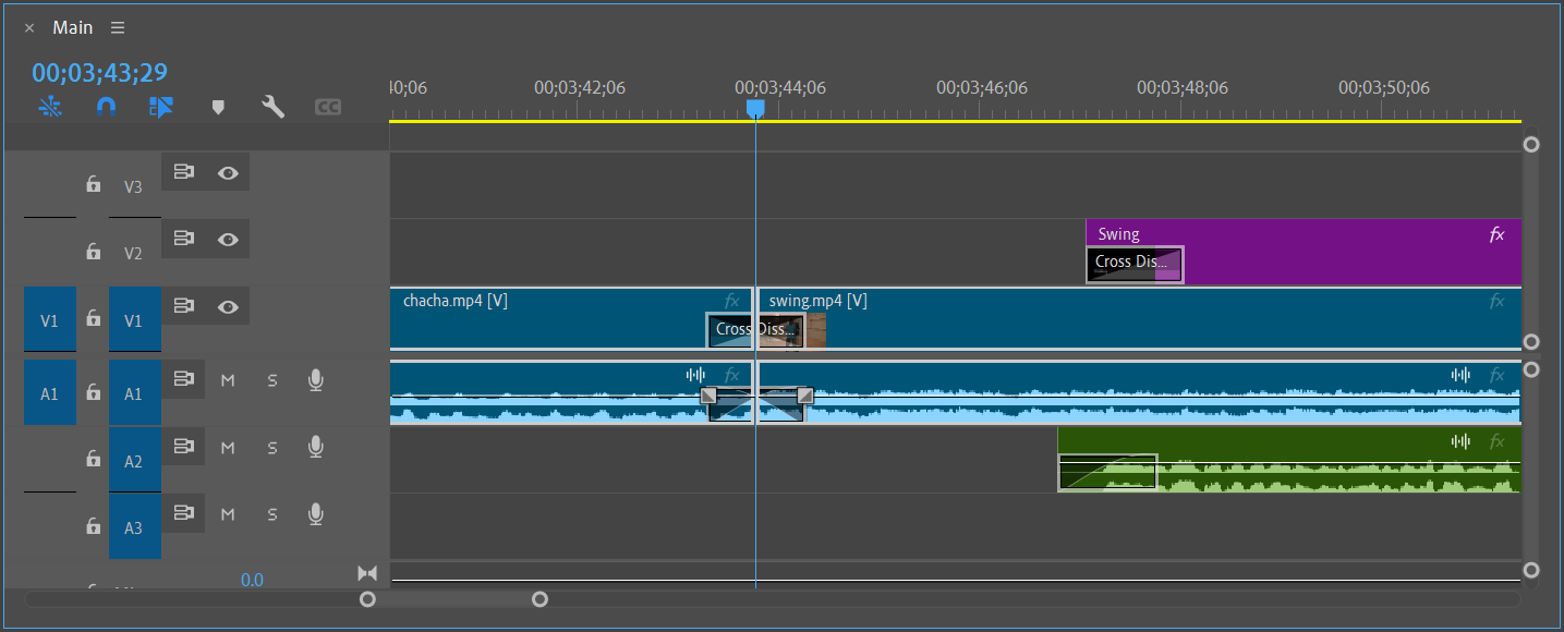 Timeline panel, zoomed in on a section of the sequence to show the transition indicators at the beginning and end of each clip.