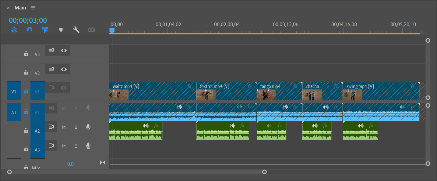 Timeline panel with tracks V1 and A1 locked. Tracks V1 and A1 are displayed with gray diagonal lines over them.