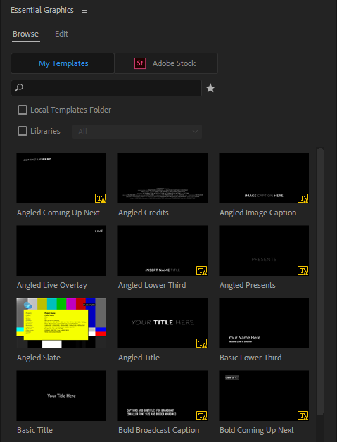 Top portion of the Essential Graphics panel, showing a collection of templates.
