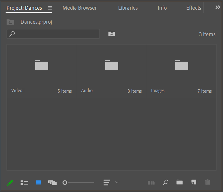 Project panel containing three bins: Video, Audio, and Images.