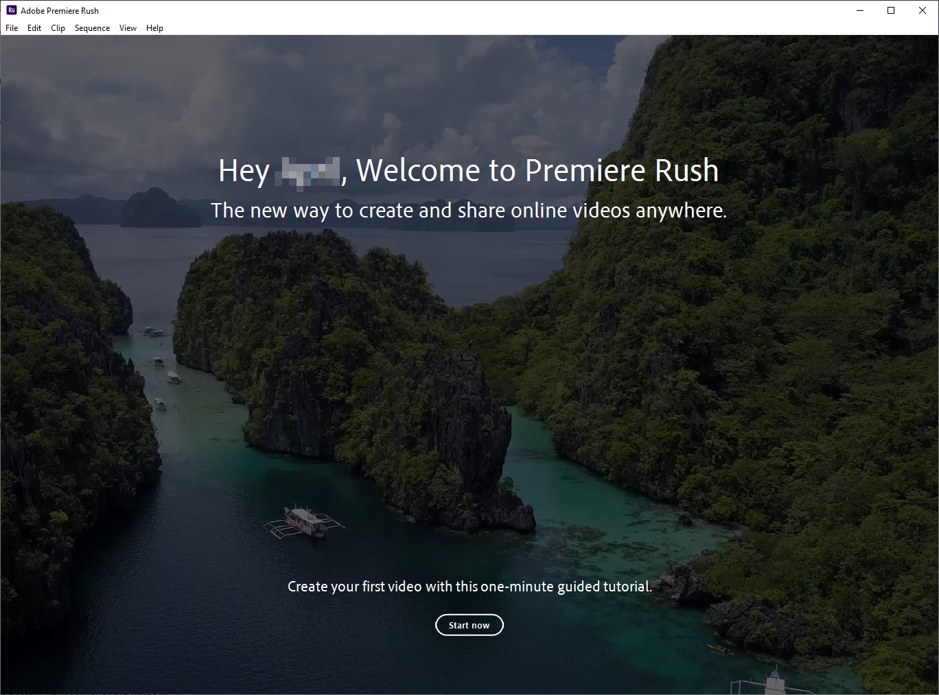 Window that welcomes the user to Premiere Rush, with a button at the bottom that starts the Premiere Rush tutorial.