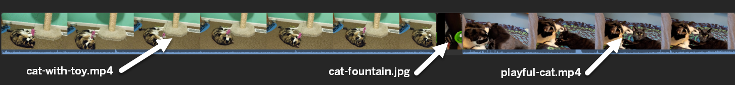 Clips on the timeline in their new order, with cat-with-toy.mp4 at the beginning of the timeline, cat-fountain.jpg in the middle, and playful-cat.mp4 at the end of the timeline.
