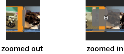 Examples of clips with transitions applied. The example on the left shows a thin gray transition indicator, due to being zoomed out of the timeline, and the right side shows a larger gray transition indicator with an icon inside of it, due to being zoomed in on the timeline.
