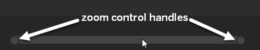 Diagram of the zoom control handles on the scrollbar at the bottom of the timeline, with arrows pointing to the handles on the left and right sides of the scrollbar.