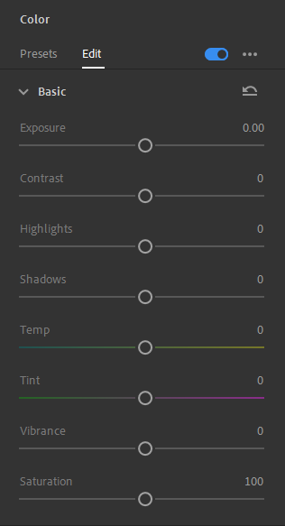 Edit options in the Color panel, showing the variety of color options that can be adjusted.