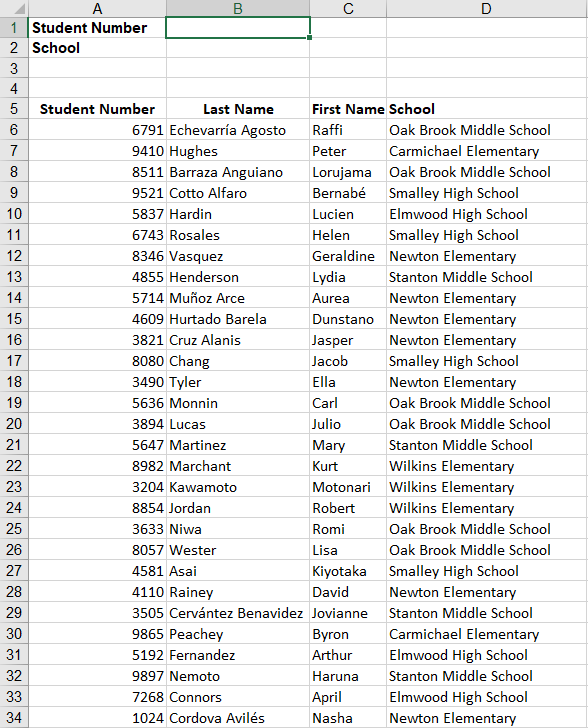 A spreadsheet containing a list of student names, student numbers, and schools.