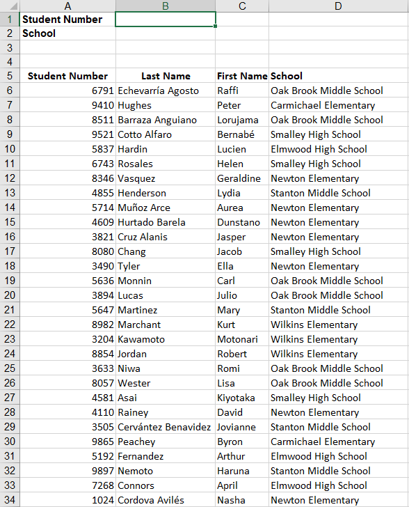 A spreadsheet containing a list of student names, student numbers, and schools. 