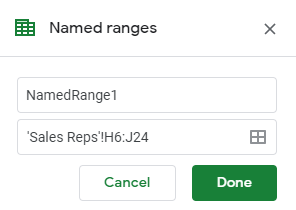 image of the named ranges panel in Google Sheets