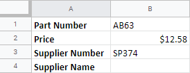 Image of the spreadsheet showing part number AB 63, price $12.58, and supplier number SP374