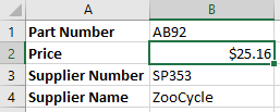 Image of the bike parts worksheet displaying the part number. The part number AB92, price $25.16, supplier number SP353, and Supplier name ZooCycle.