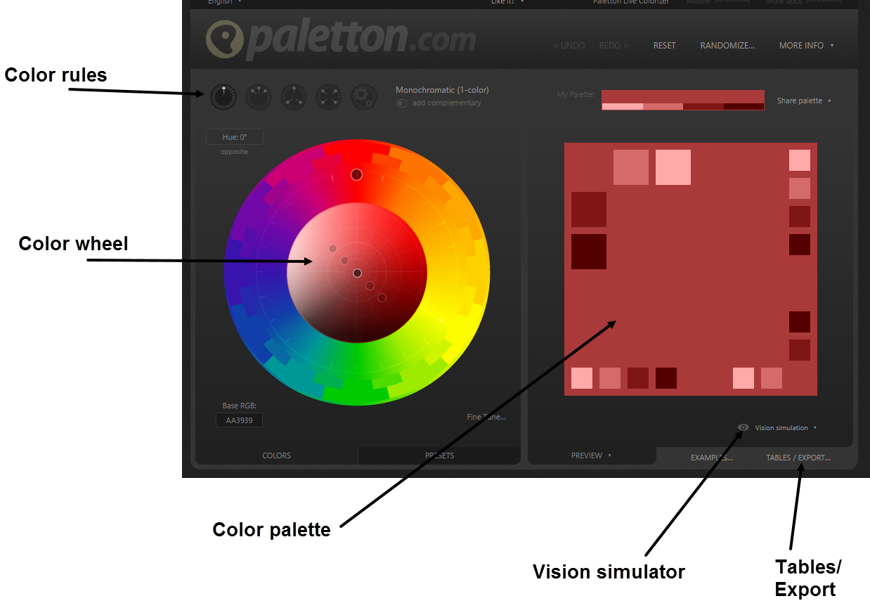 Screen capture of the Paletton website, with a color wheel on the left side of the screen and color swatches on the right side of the screen