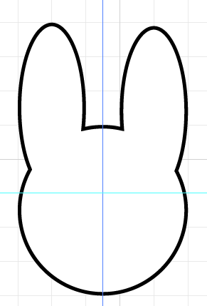 Rabbit head outline with a vertical guide line running through the center of the outline, and a horizontal guide line running close to the center of the outline
