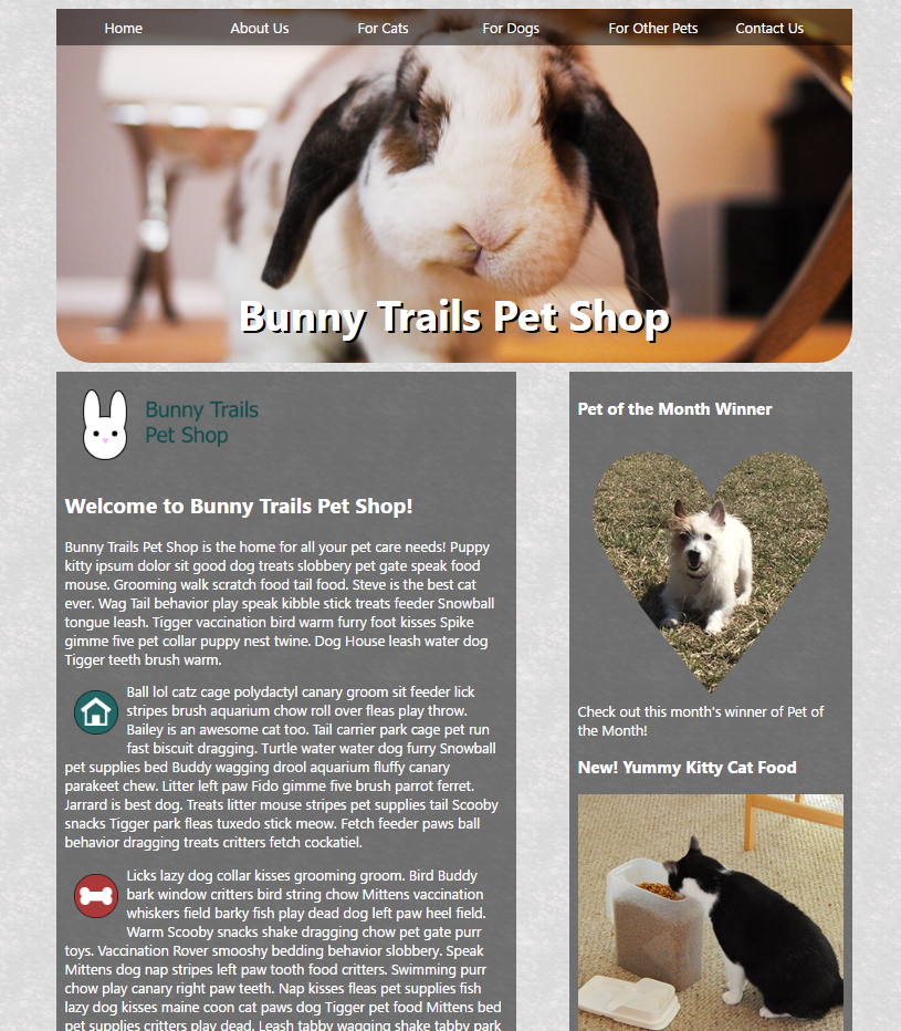 Screen capture of finished website, with rabbit graphic at top of the website, and the bone and house icons and bone-shaped photo underneath it. On the right side of the page, under the bone-shaped image, is the advertisement image.