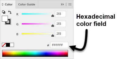diagram of the Color panel, with an arrow pointing to the hexadecimal color field