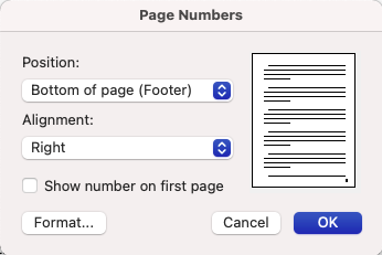 Page numbers dialog box contents described in the following paragraph.