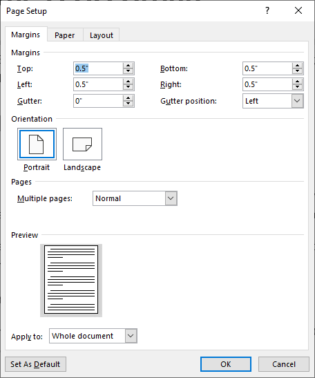 Page Setup dialog box. The contents are described below.