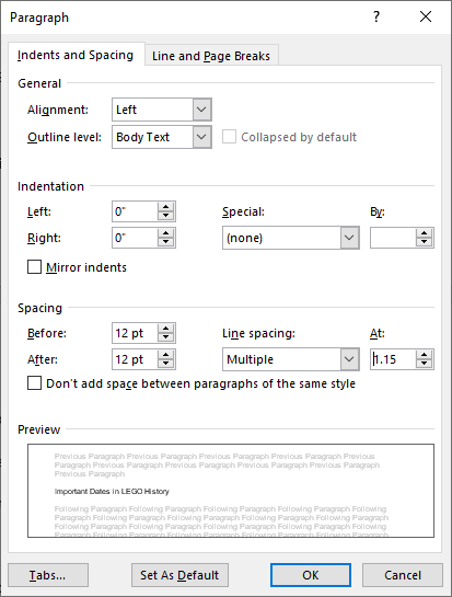 The Paragraph dialog box. There are four sections: General, Indentation, Spacing, and Preview.