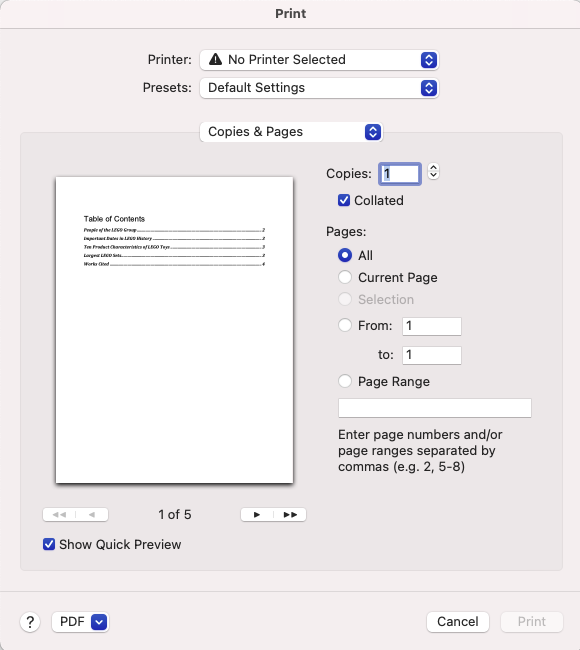 Print dialog box in Microsoft Word for macOS. Options are described in the following paragraph.