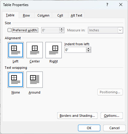Table Properties dialog box. Contents described in the following paragraph.