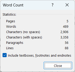 The Word Count dialog box. Details are described below.