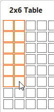Insert table menu with 2 squares across and 6 squares down selected.