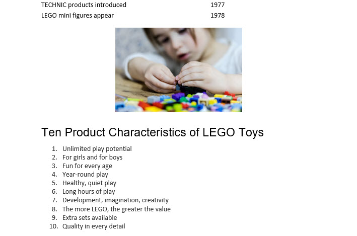 The image of a child playing with LEGO bricks is centered above the list.