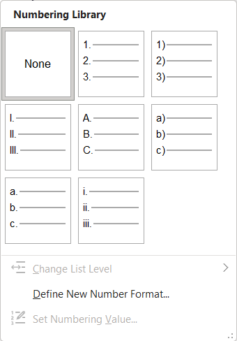The Numbering Library showing eight variations of numbered lists  and an option to define a new numbering format.