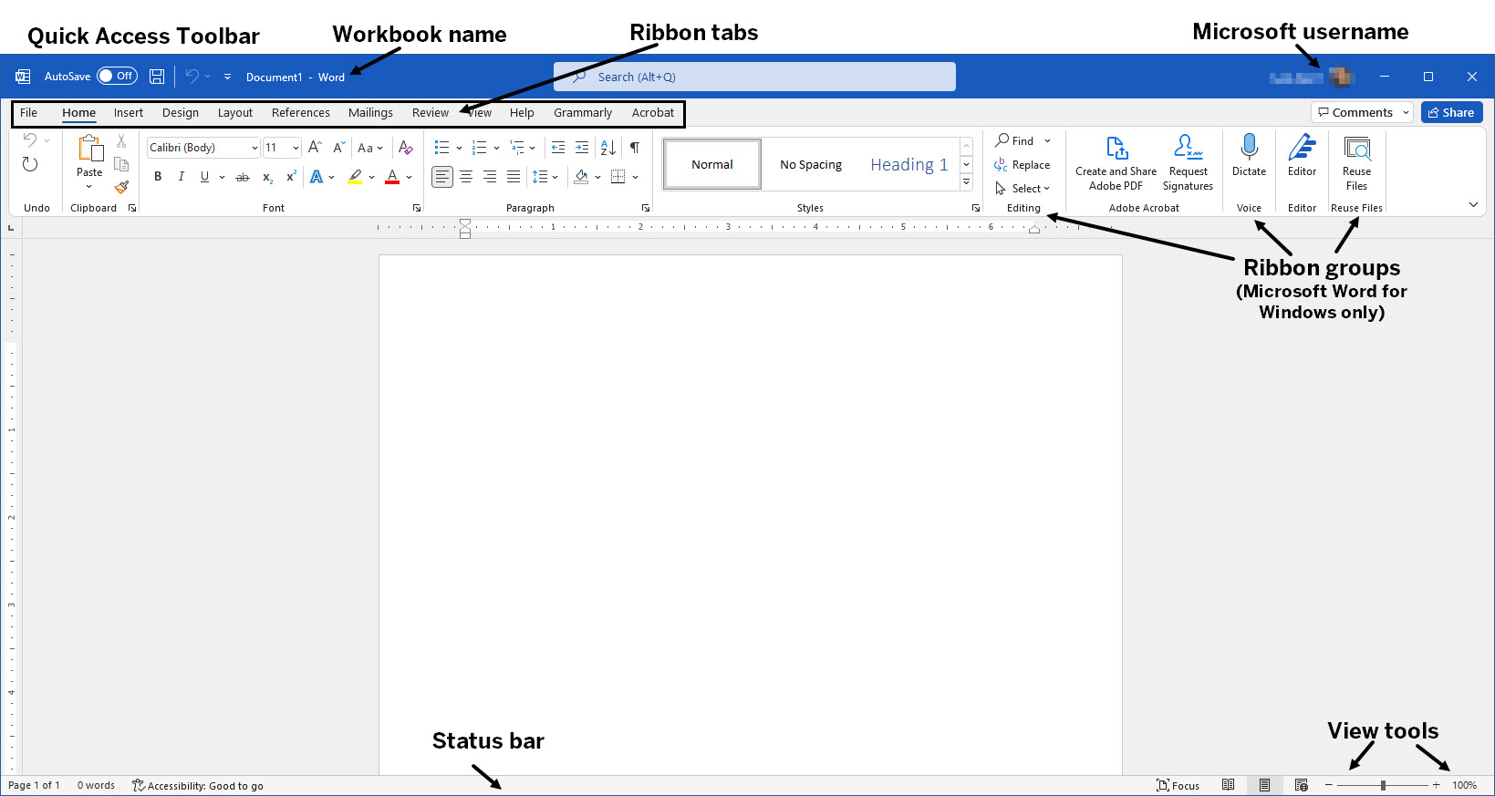 The interface of Microsoft Word for Windows. Interface elements are described below.