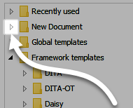 Section of the New dialog box, with an arrow pointing to the expand icon for the New Document folder.